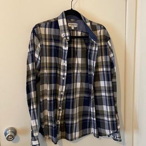 Blue green and white plaid button up